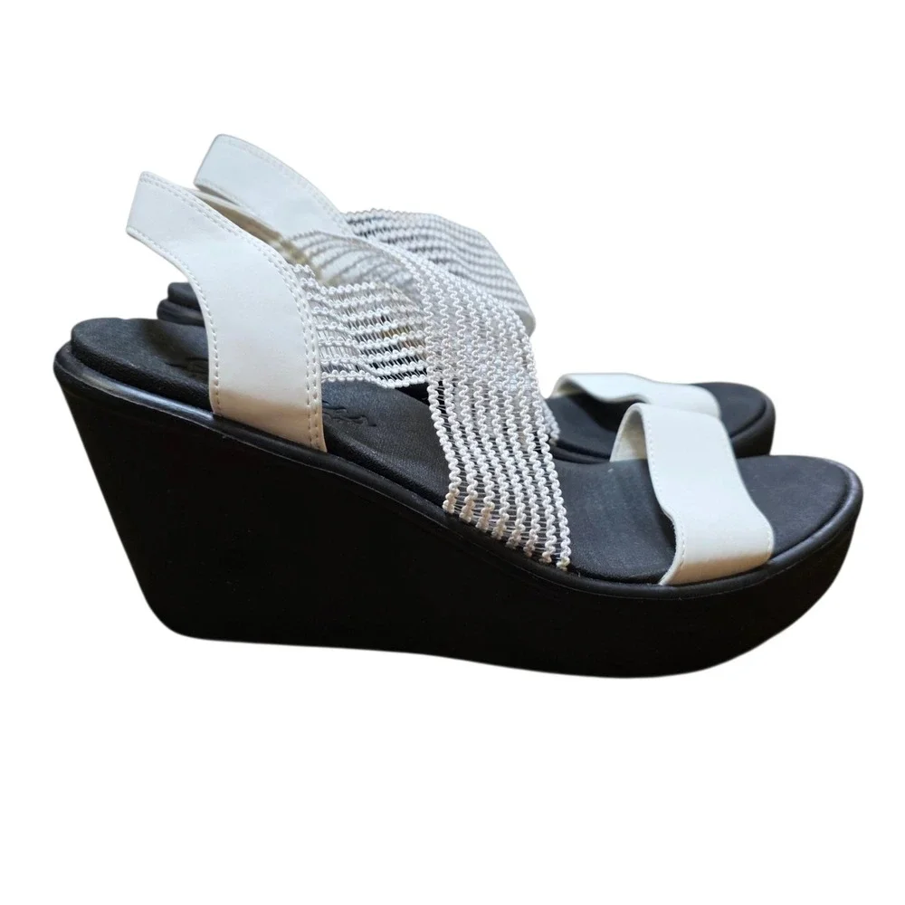 Skechers Rumble On Wedge Platform Sandals Elastic Strap Casual Comfort Shoe Sz 8